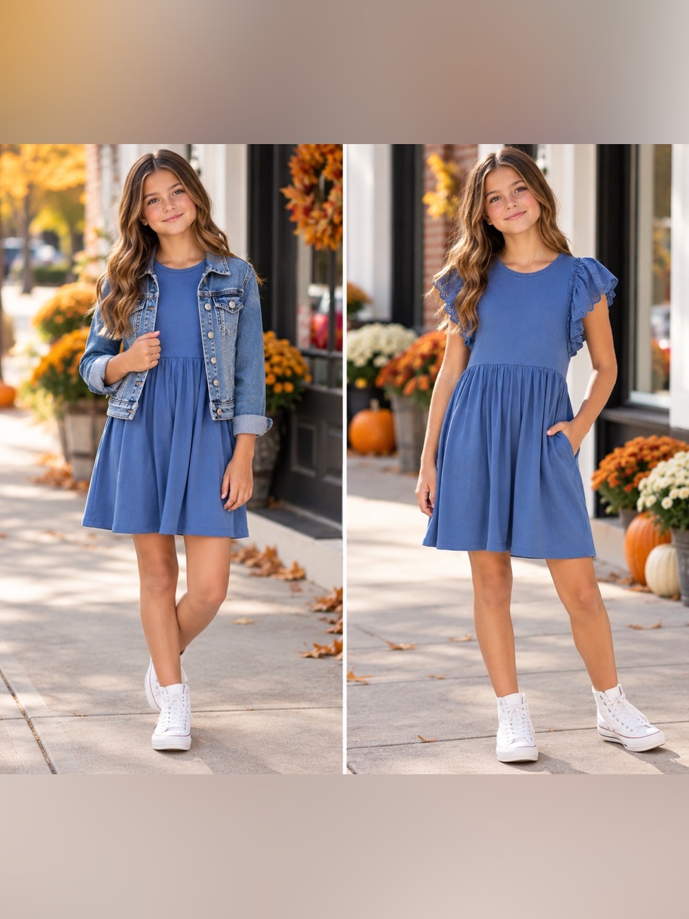 Wonder Nation Blue Eyelet Ruffle Sleeve Knit Dress Girls XL 14-16 Pockets